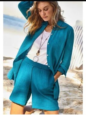 J.Jill Easy Cotton Gauze Shirt Pull on Shorts Set Mediterranean Medium